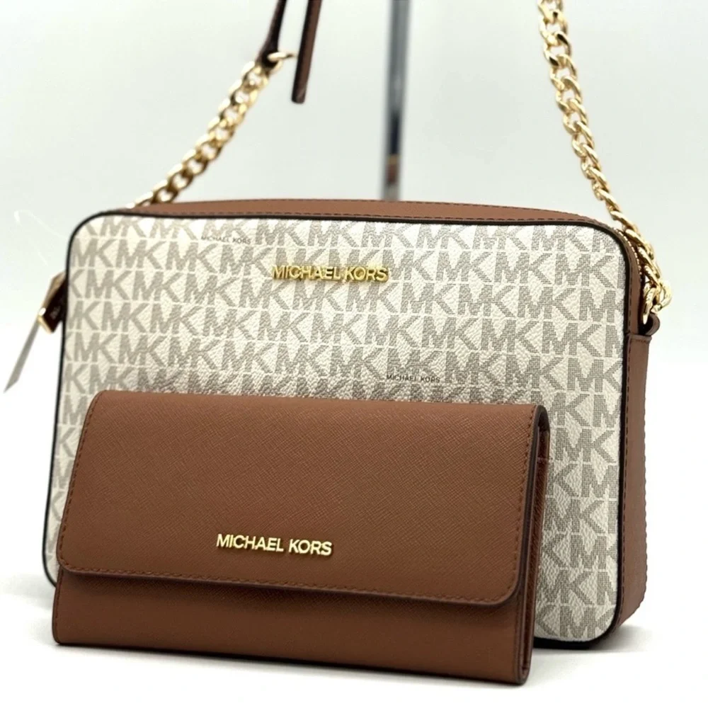 Michael Kors Large EW Crossbody Bag & Large Trifold Wallet Vanilla/Brown Set - Picture 3 of 11